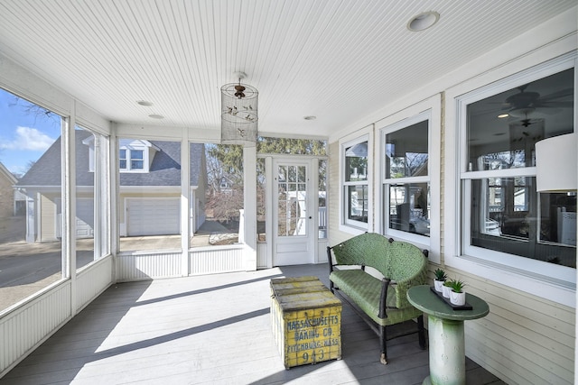 sunroom with wooden ceiling