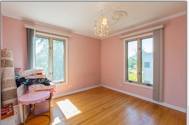 interior space with ornamental molding, a chandelier, and wood finished floors