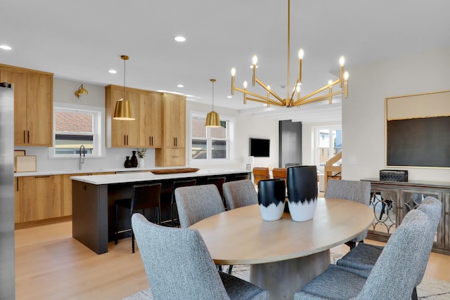 dining space featuring a wealth of natural light and light hardwood / wood-style floors