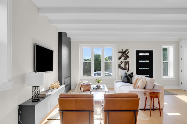 living room featuring beamed ceiling, plenty of natural light, and light hardwood / wood-style flooring