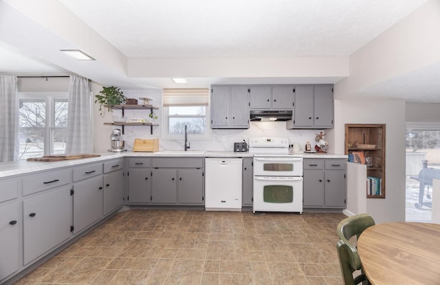 kitchen with a sink, gray cabinetry, under cabinet range hood, light countertops, and white appliances