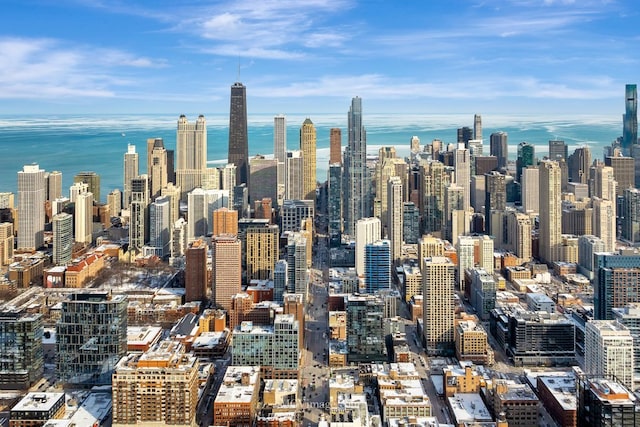 property's view of city featuring a water view