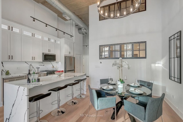 dining area with track lighting, light wood-type flooring, baseboards, and a high ceiling