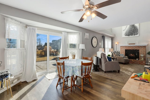 dining room with a fireplace, a ceiling fan, and dark wood-type flooring