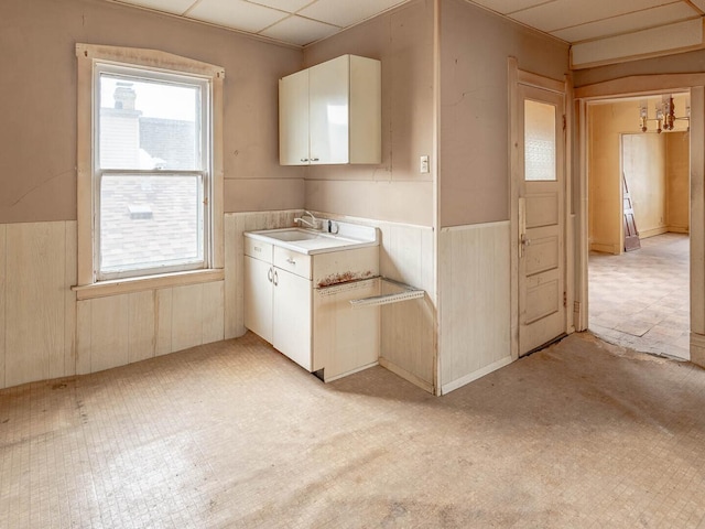 interior space featuring a paneled ceiling, a sink, wood walls, and wainscoting