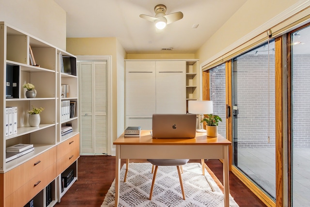 home office featuring ceiling fan, visible vents, and dark wood finished floors