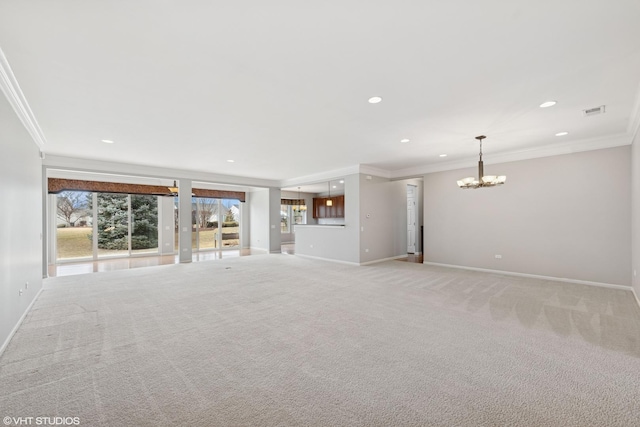 unfurnished living room with baseboards, light carpet, visible vents, and crown molding