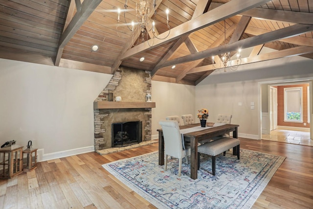 dining room with lofted ceiling with beams, a chandelier, a fireplace, wood finished floors, and baseboards