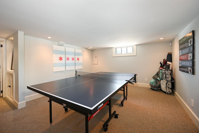 playroom with recessed lighting, carpet flooring, and baseboards