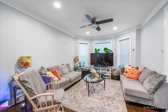 living room featuring ornamental molding, recessed lighting, ceiling fan, and wood finished floors