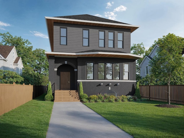 view of front facade with brick siding, a front yard, and fence