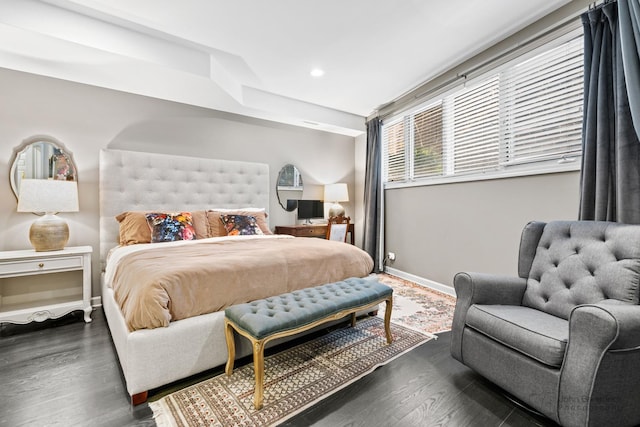 bedroom featuring dark wood-style floors, baseboards, and recessed lighting