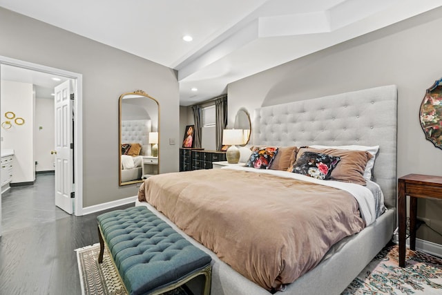 bedroom featuring recessed lighting, dark wood finished floors, and baseboards