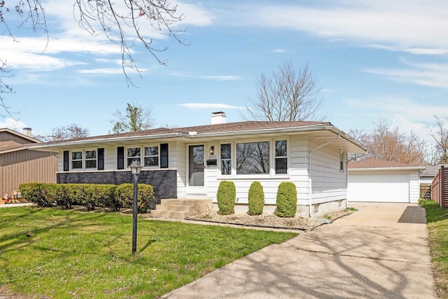 ranch-style house with a front lawn, an outbuilding, a chimney, and a garage