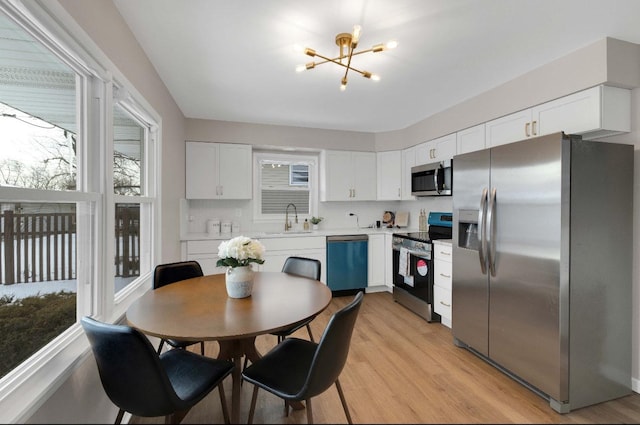 kitchen with stainless steel appliances, a sink, white cabinetry, light countertops, and light wood-type flooring