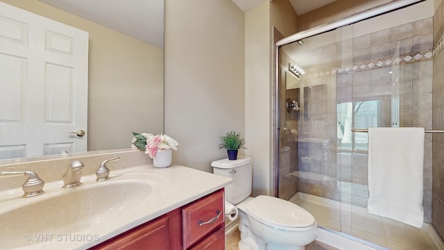 bathroom with a shower stall, toilet, and vanity