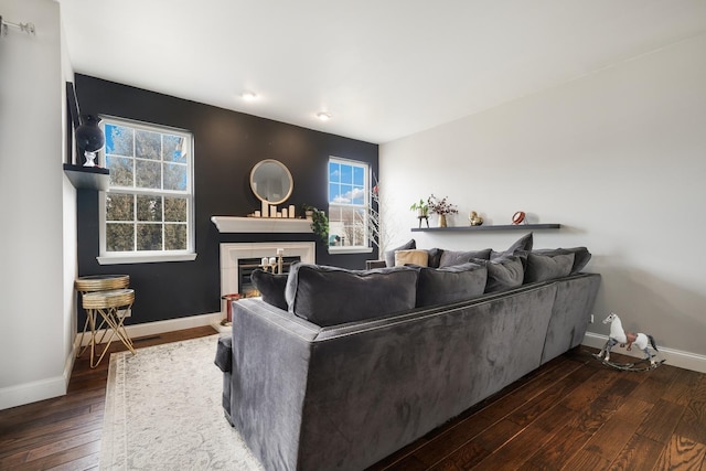 living room featuring a glass covered fireplace, a healthy amount of sunlight, baseboards, and hardwood / wood-style flooring