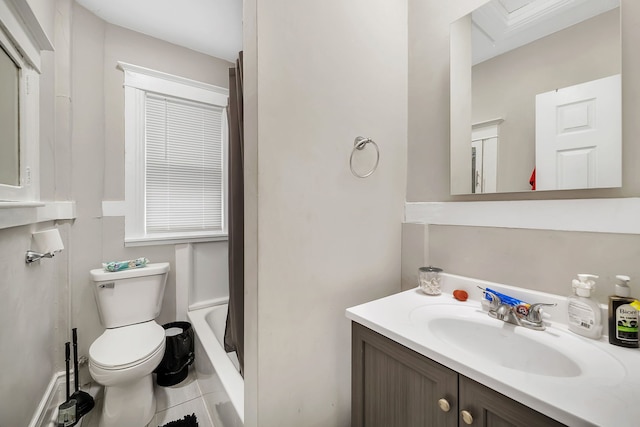 full bath with toilet, a washtub, and vanity