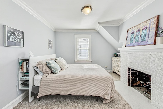 bedroom with carpet, a brick fireplace, crown molding, and baseboards