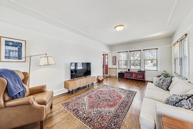 living room with baseboards and hardwood / wood-style floors