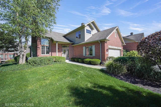 traditional-style house featuring a garage, brick siding, a shingled roof, a chimney, and a front yard