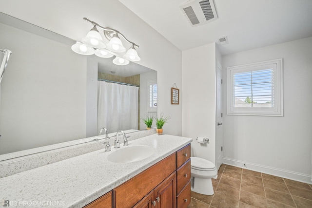 full bathroom with toilet, plenty of natural light, visible vents, and vanity