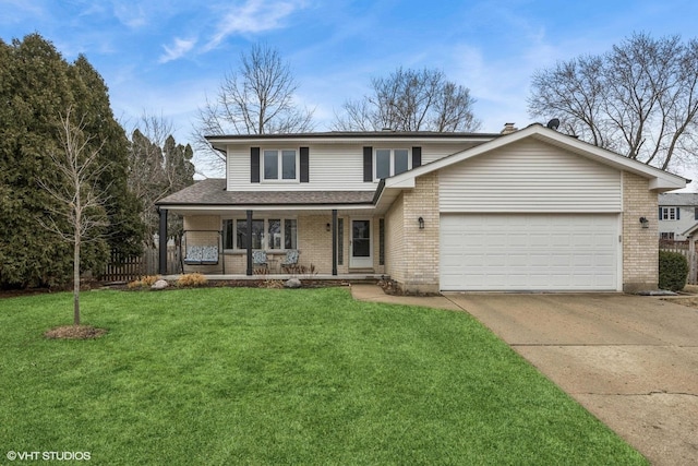 traditional-style home featuring concrete driveway, an attached garage, covered porch, a front yard, and brick siding