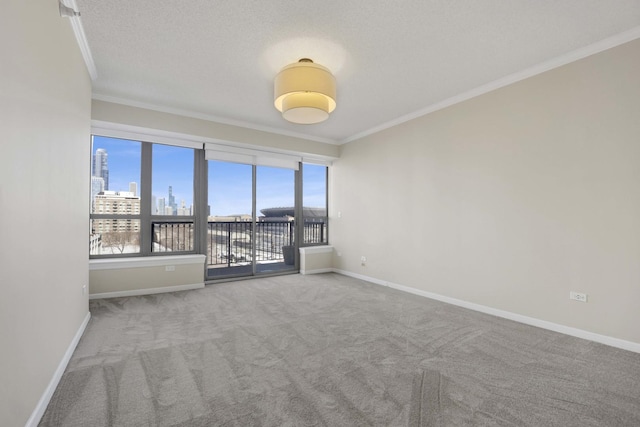 spare room with baseboards, a textured ceiling, a city view, carpet floors, and crown molding