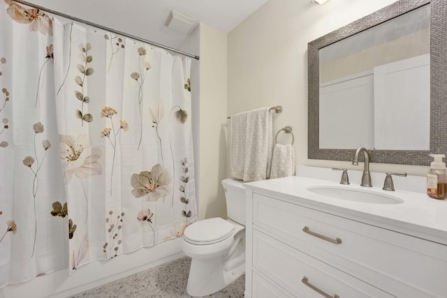 bathroom featuring toilet, speckled floor, visible vents, vanity, and shower / bath combo with shower curtain