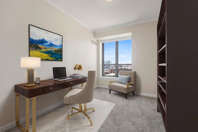 home office featuring baseboards, crown molding, and light colored carpet