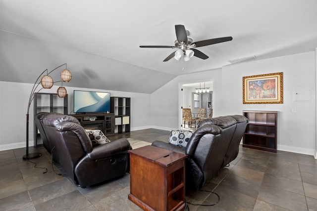 living room with lofted ceiling, baseboards, visible vents, and a ceiling fan