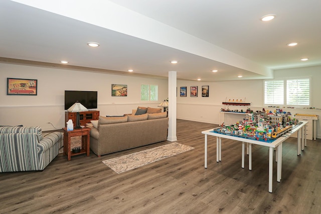 rec room with wood finished floors and recessed lighting