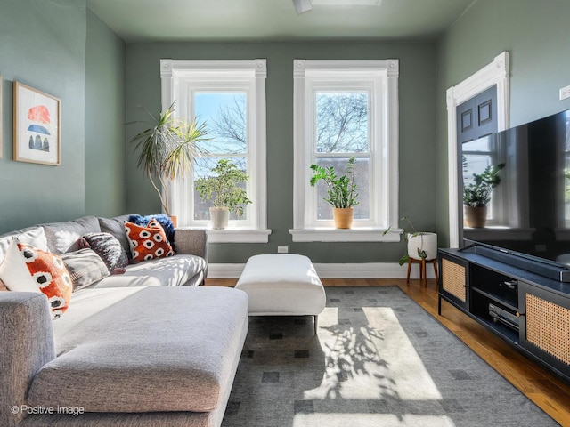 living room featuring wood finished floors and baseboards