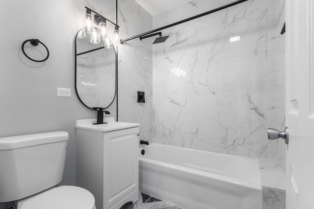 full bathroom with tub / shower combination, toilet, marble finish floor, and vanity