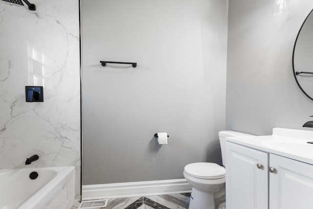 full bath with vanity, visible vents, baseboards, toilet, and marble finish floor