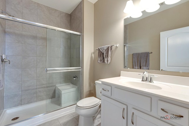 bathroom with tile patterned flooring, toilet, and a stall shower