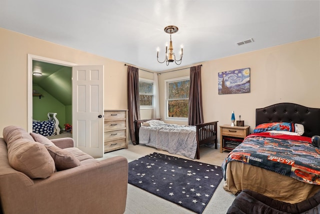 bedroom featuring visible vents, a chandelier, and light colored carpet