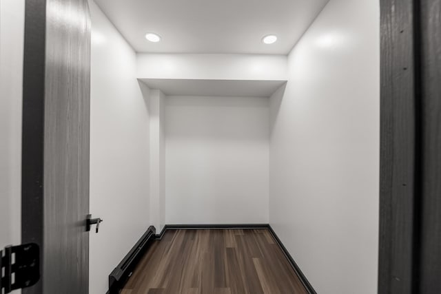 walk in closet with baseboard heating and wood finished floors