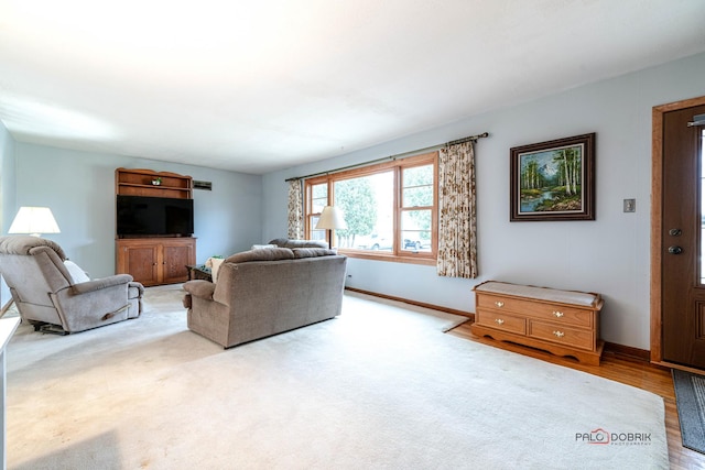 living room featuring baseboards and light colored carpet