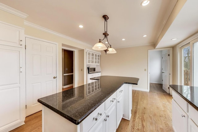 6 Robin Hood Ct, Lincolnshire, IL 60069 - kitchen with crown molding, light wood-type flooring, glass insert cabinets, and white cabinets