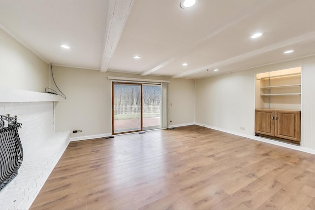 6 Robin Hood Ct, Lincolnshire, IL 60069 - unfurnished living room with beam ceiling, a fireplace, light wood-type flooring, baseboards, and recessed lighting