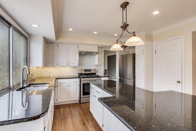 6 Robin Hood Ct, Lincolnshire, IL 60069 - kitchen featuring a sink, stainless steel appliances, white cabinetry, backsplash, and under cabinet range hood