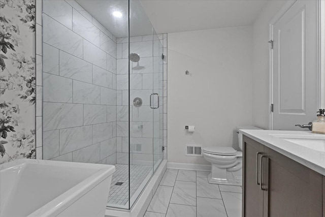 full bath featuring toilet, a stall shower, visible vents, and marble finish floor