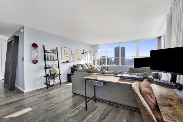 living room featuring dark wood-type flooring and baseboards