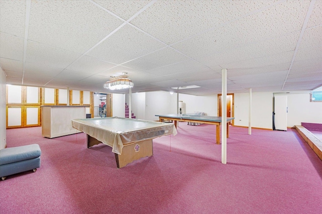 game room featuring carpet floors, pool table, and a drop ceiling