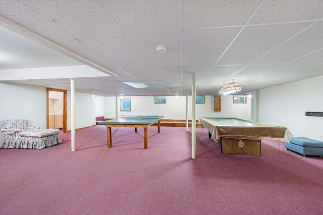 game room featuring carpet floors, a drop ceiling, and pool table