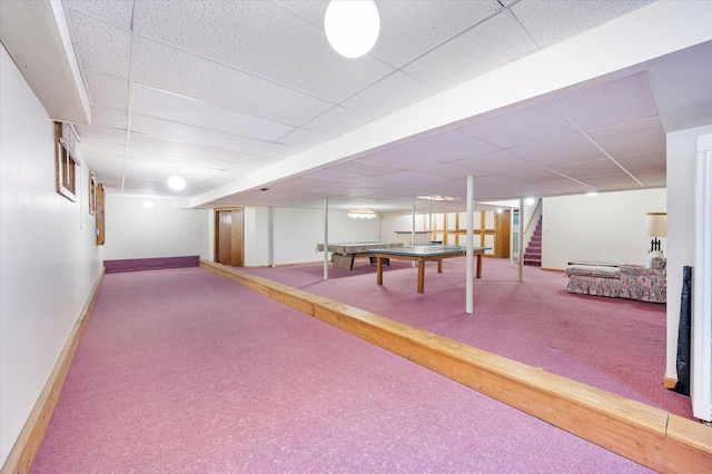 playroom with a drop ceiling, billiards, wood finished floors, baseboards, and carpet