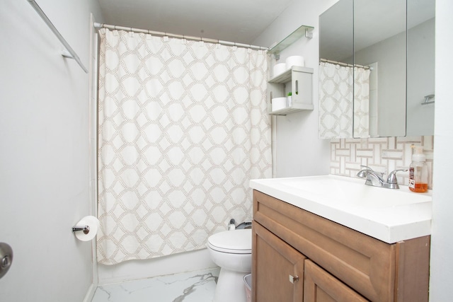 bathroom with toilet, vanity, marble finish floor, a shower with curtain, and decorative backsplash