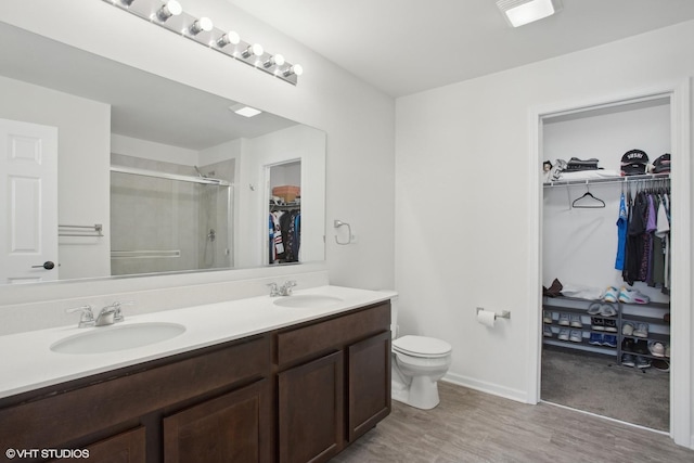 bathroom with a stall shower, a spacious closet, and a sink