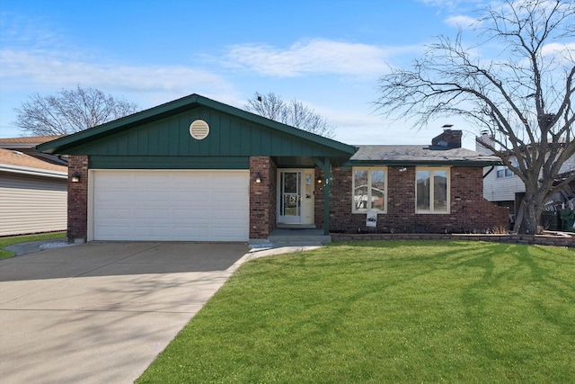 ranch-style home with a front lawn, brick siding, concrete driveway, and a chimney